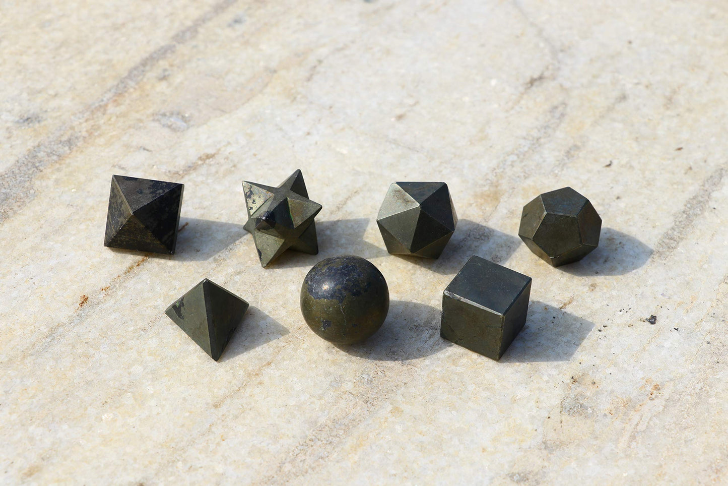 Crocon Golden Pyrite 7 Pcs Platonic Solids Crystal Geometry Set, Platonic Solids Sacred Geometric Stones for Meditation Reiki Balancing Healing Chakra Stone Cleansing Spiritual Good Luck (15-20 mm)