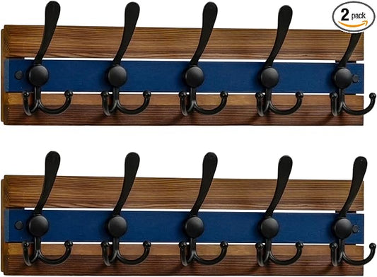SKOLOO Rustic Wall Mounted Coat Rack - 16-7/8" Long Coat Hooks for Wall with 5 Triple Hooks for Hanging Coats, Hats or Tools, Western National Parks Collection, Wood Brown & Blue, Pack of 2