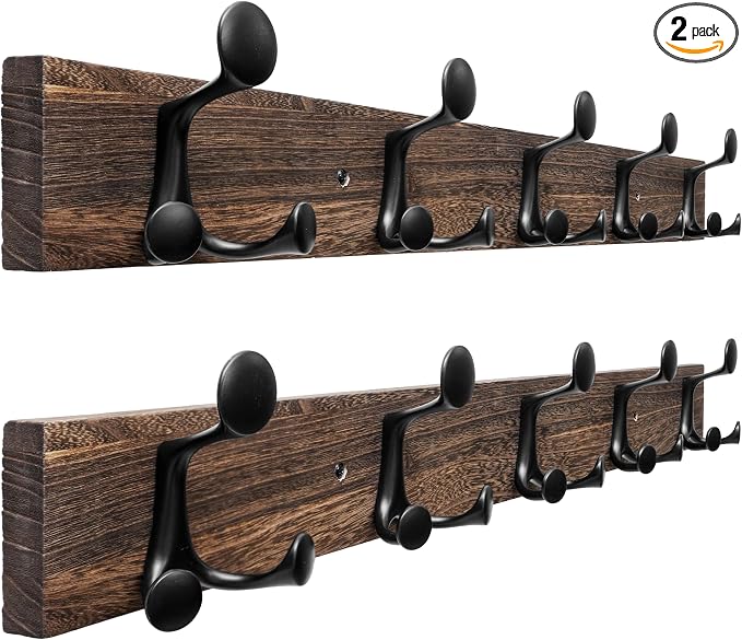 SKOLOO 30-Inch Wood Burnt Coat Rack Wall Mount with 5 Triple Hooks - Ideal for Family Entrances, Classrooms, and Pet Supplies Storage - Perfect Coat Hooks for Wall, Pack of 2