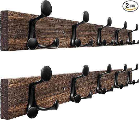 SKOLOO 30-Inch Wood Burnt Coat Rack Wall Mount with 5 Triple Hooks - Ideal for Family Entrances, Classrooms, and Pet Supplies Storage - Perfect Coat Hooks for Wall, Pack of 2