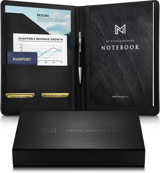 NERO MANETTI- Leather Portfolio Folder - Business PU Leather Portfolio Notepad Holder for Resumes, Legal Pad Portfolio Executive Binder, Professional Padfolio Notebook for Women/Men