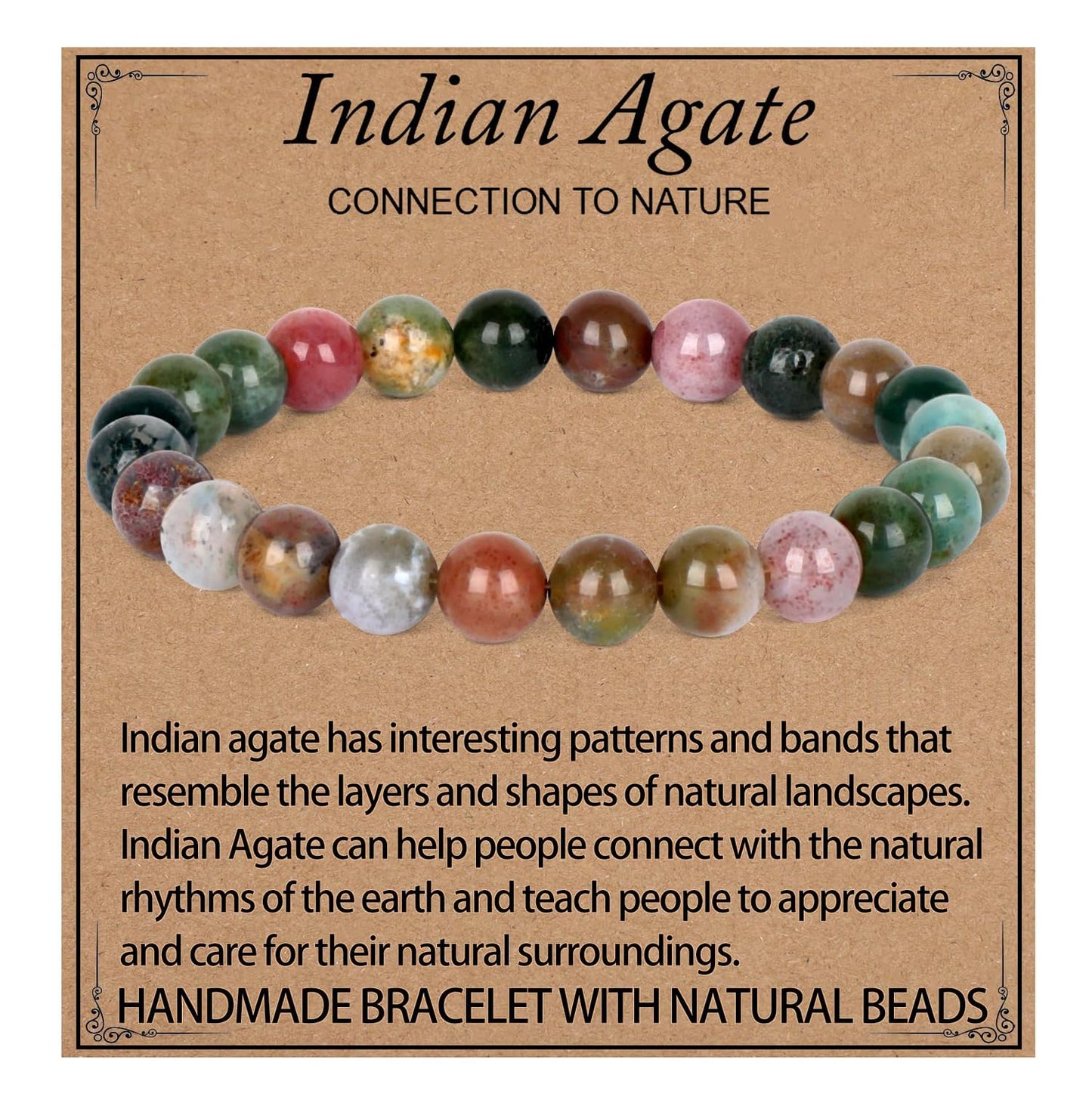 LPBeads Handmade Natural Gemstone Stretch Elastic 8mm Indian Agate Bracelet Healing Crystal Round Stone Beads Jewelry Gifts for Women Men