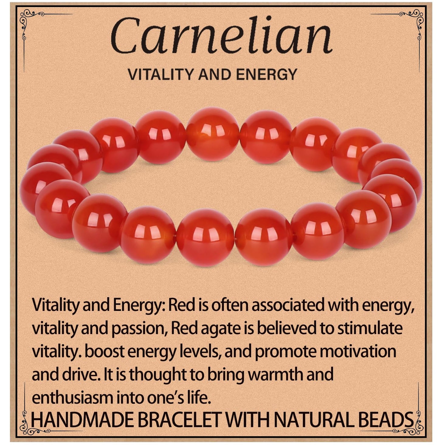 LPBeads Handmade Natural Gemstone Stretch Elastic 10mm Carnelian Bracelet Healing Crystal Round Stone Beads Jewelry Gifts for Women Men