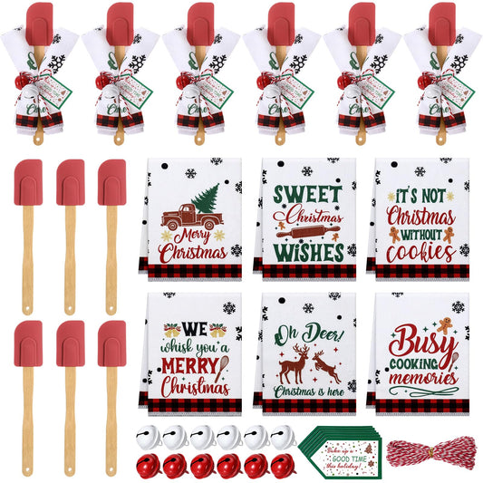 Funnymoom 6 Sets Christmas Kitchen Utensils Gifts Set Silicone Spatulas Christmas Towel Xmas Cooking Tools with Decorative Bell and Tags for Mom Neighbor Cooking Supplies Xmas Stocking Stuffers Gifts