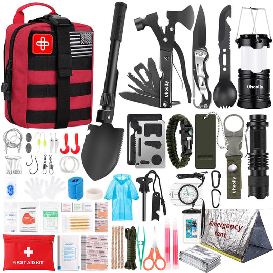 Survival Kit, Gifts for Men Women Teen Boys, 252 pcs Survival Gear and Equipment Mini First Aid Kit for Car Home, Emergency Kit with Molle System for Earthquake, Outdoor Adventure, Car Travel (Red)