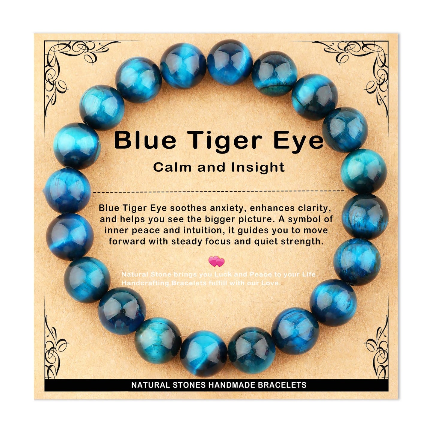 AD Beads 10mm Handmade Blue Tiger Eye Elastic Bracelet – Natural Gemstone for Calm and insight – Meditation, Yoga, Healing and Energy Gift for Men Women
