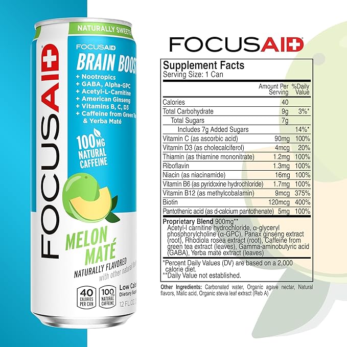 LIFEAID Energy Blend Nootropics Drink for Brain Fuel AlphaGPC GABA BComplex Yerba Mate Green Tea 100 Clean100mg Natural Caffeine 12oz. cans Pack , FOCUSAID, 12 Fl Oz (Pack of 4)