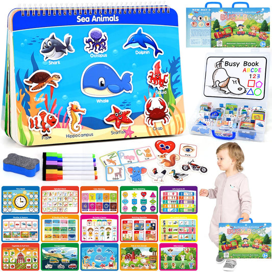 HarVow Busy Book with Classified Storage Box & Double-Sided Writing Board, 15 Themes Montessori Preschool Learning Activities, Pre-Assembled Ready to Use, Sensory Travel Toys for Toddlers Ages 3-5