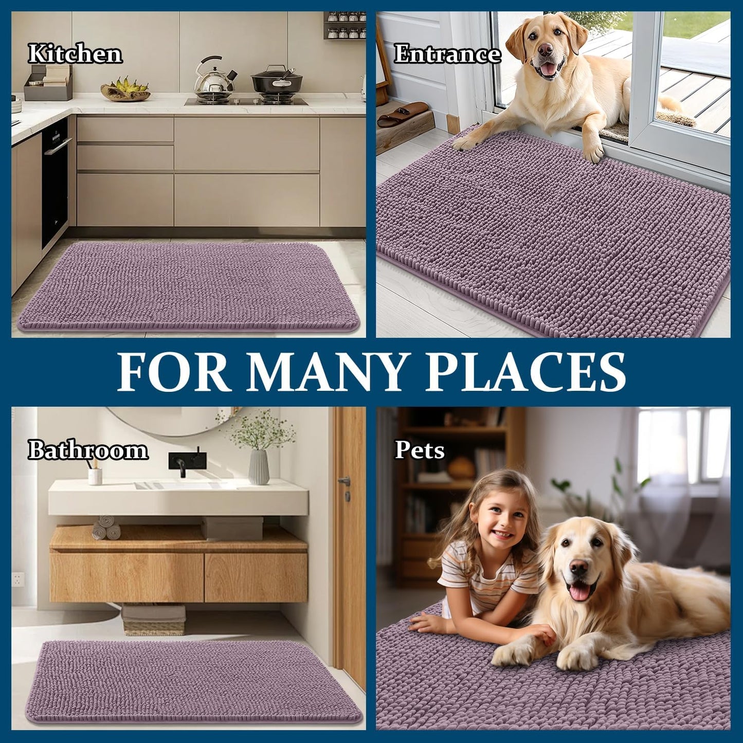 OLANLY Dog Door Mat - Absorbent Non-Slip Washable Chenille Mat for Muddy Paws | 47x24 Deep Plum