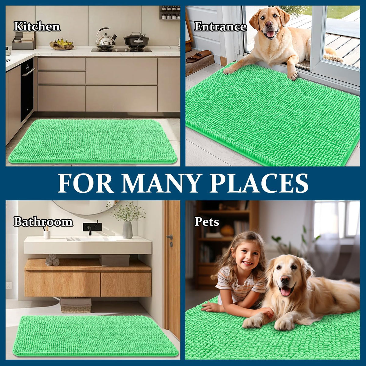 OLANLY Dog Door Mat - Absorbent Non-Slip Chenille for Muddy Paws | 30x20 Inches, Mint Green