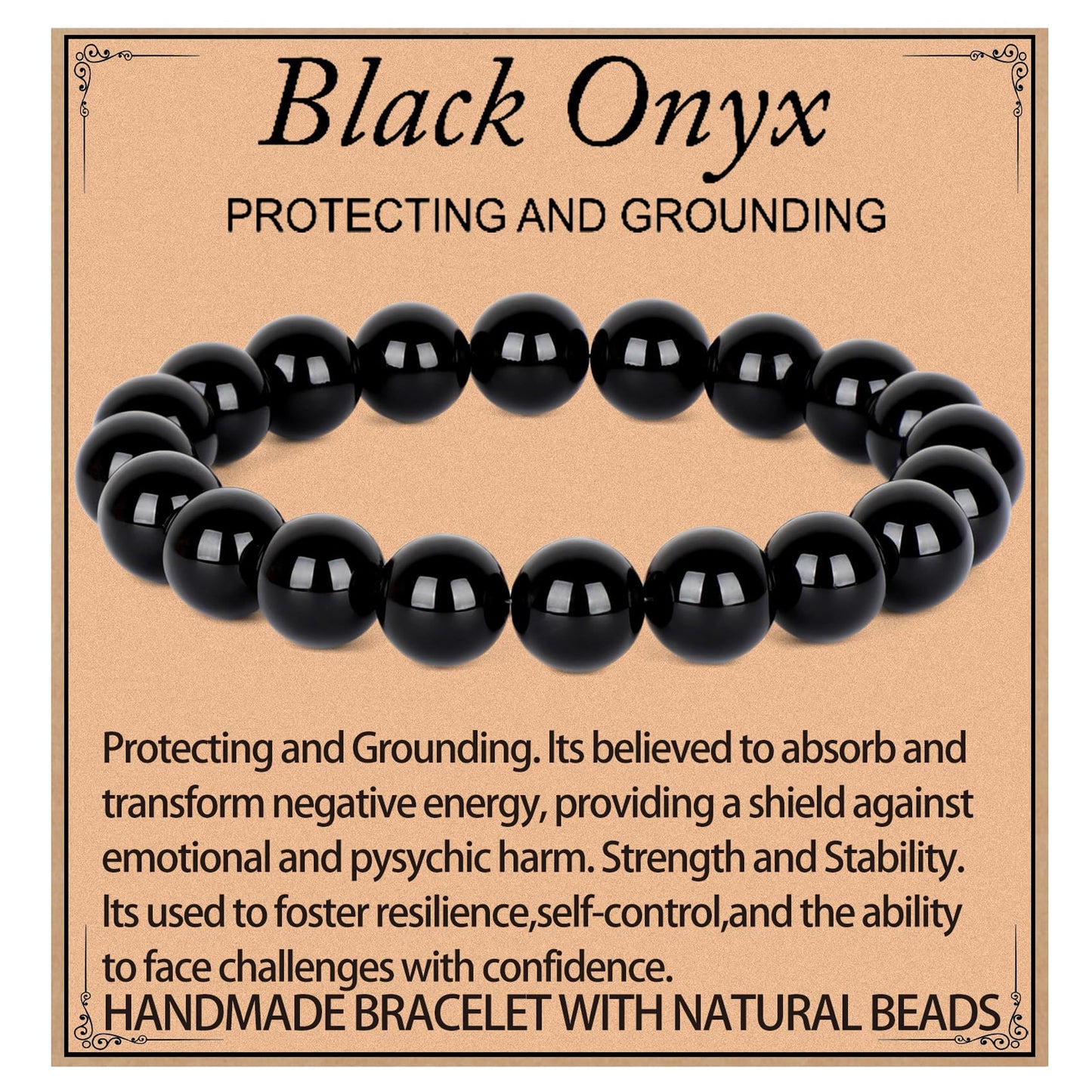 LPBeads Handmade Natural Gemstone Stretch Elastic 10mm Black Onyx Bracelet Healing Crystal Round Stone Beads Jewelry Gifts for Women Men