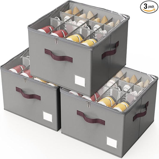 Criusia Shoe Organizer for Closet, 3 Pack Shoe Organizer with Transparent Cover and Sturdy Handles, Closet Shoe Storage for Sneakers Sandals Slippers, Fit 12-16 Pairs, Gray
