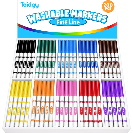 Toidgy 200 PCS Washable Markers for Kids, Colored Markers Bulk for School, Thin Marker Set in 10 Assorting Colors, Fine Line Marker with Conical Tip, Back to School Supplies, Classroom Must Haves