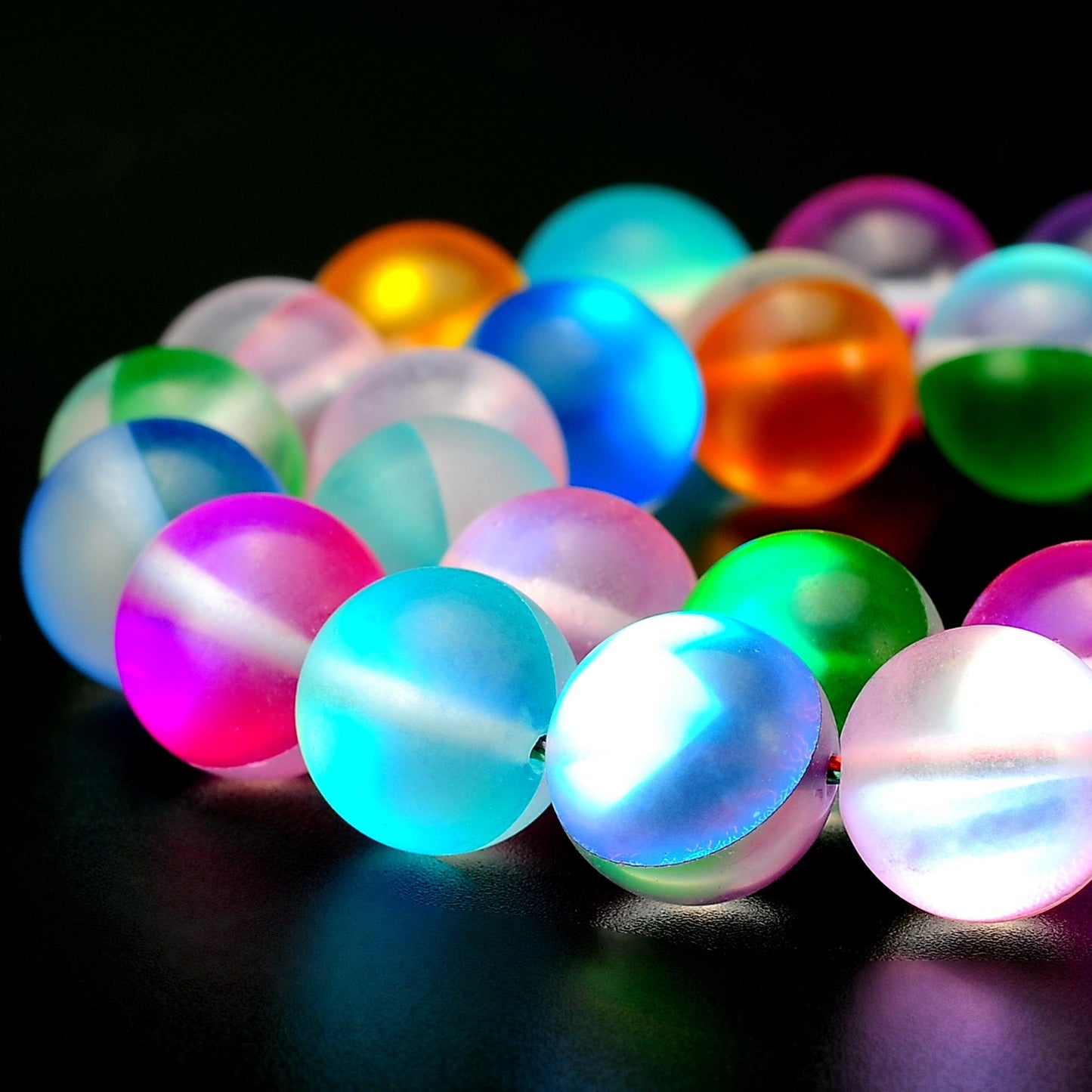RUBYCA 8mm Round Moonstone Matte Crystal Glass Beads Aura for Jewelry Making Mix, 1 Strand