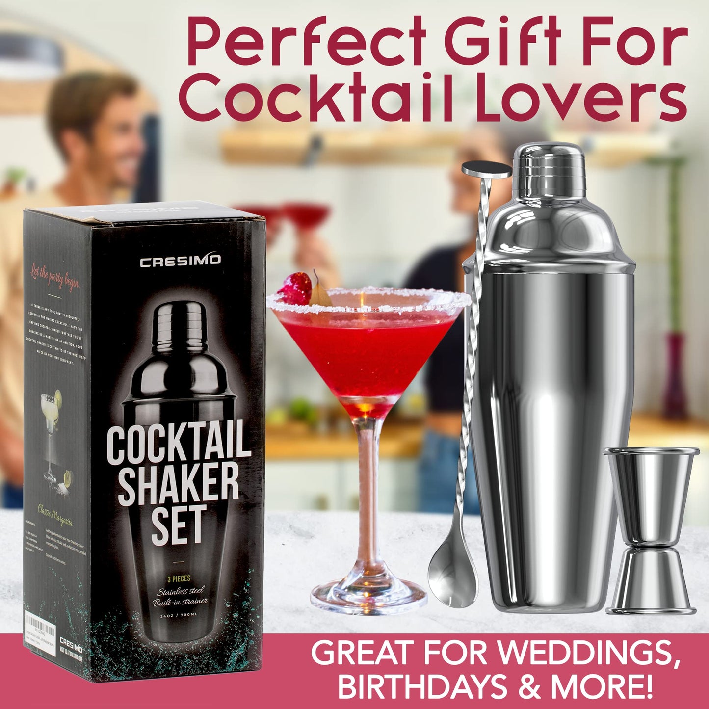 Cresimo 24oz Cocktail Shaker Set with Bar Accessories for Home Bar - Martini Shaker with Jigger and Drink Mixer Spoon - Alcohol Bartender Gift - Bartending Kit Essential for Home