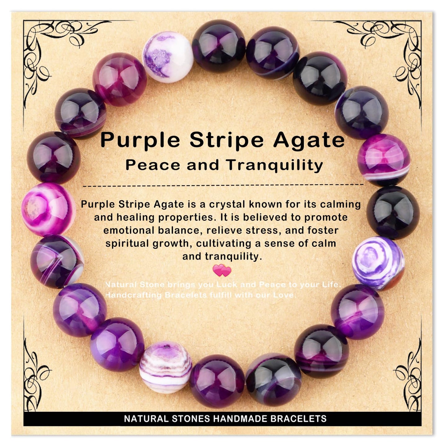 AD Beads 10mm Handmade Purple Stripe Agate Elastic Bracelet – Natural Gemstone for Peace and Tranquility – Meditation, Yoga, Healing and Energy Gift for Men Women