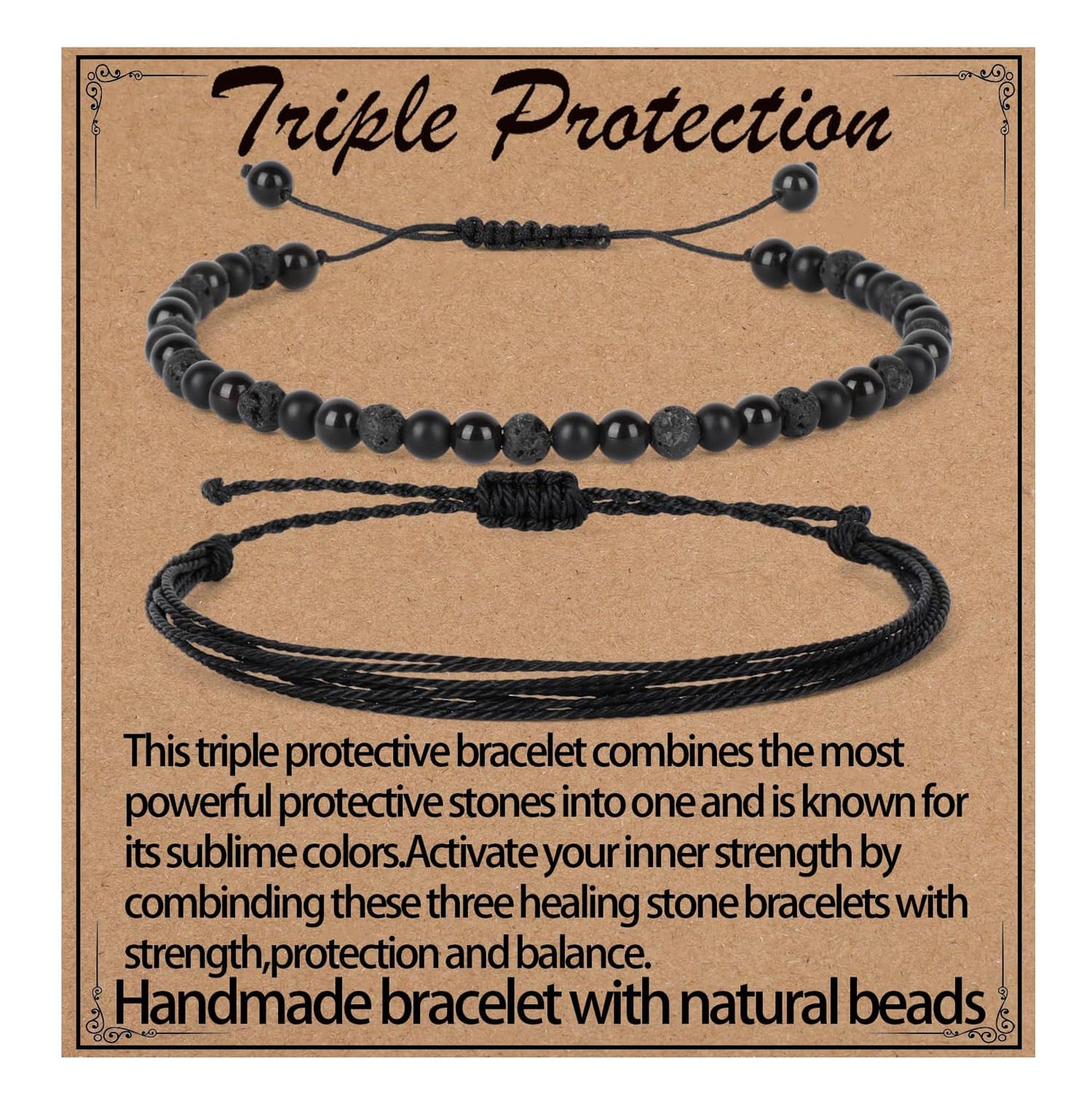 LPBeads 4mm Onyx Lava Obsidian Mixed stone Bracelet with Handmade Rope Bracelet Size Adjustable Natural Stone Crystal Healing Bracelets Gifts for Unisex Adults