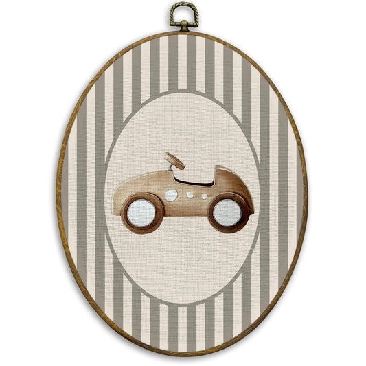 CUANFDDSF Vintage Race Car Nursery Oval Wall Art Decor, Kids Room Wall Hanging Decor, Neutral Toy Race Car Framed Canvas Prints for Kids Toddler Boy Nursery Room Bedroom Playroom, 8.6x11.4 Inch