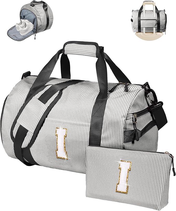 Party Favors for Teenager, Girl Gym Bag, Kids Monogram Overnight Duffel Bags with Shoe Compartment, Personalized Travel Bag with Makeup Pouch, Dorm Room Essentials for Girls (Letter I)