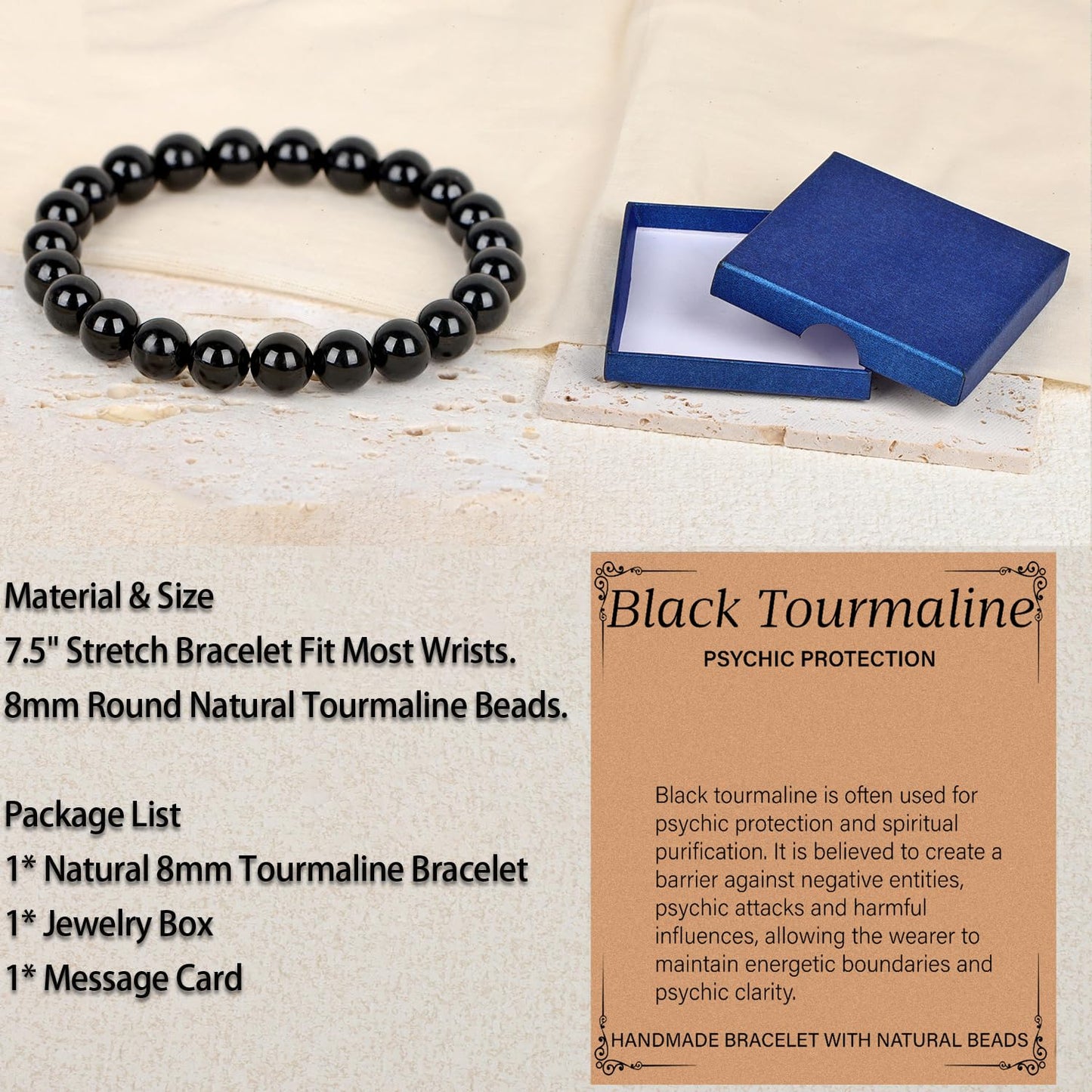 LPBeads Handmade Natural Gemstone Stretch Elastic 8m Black Tourmaline Bracelet Healing Crystal Round Stone Beads Jewelry Gifts for Women Men