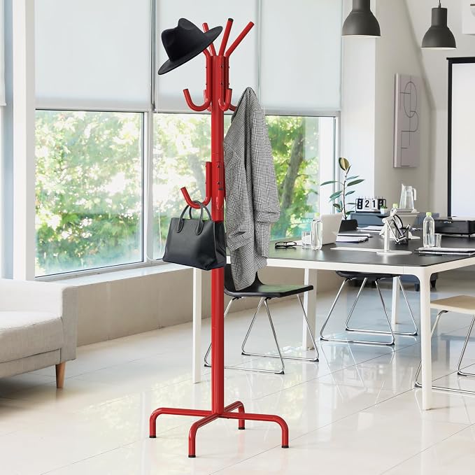 Simple Houseware Standing Coat and Hat Hanger Organizer Rack, 12 Hooks, Red
