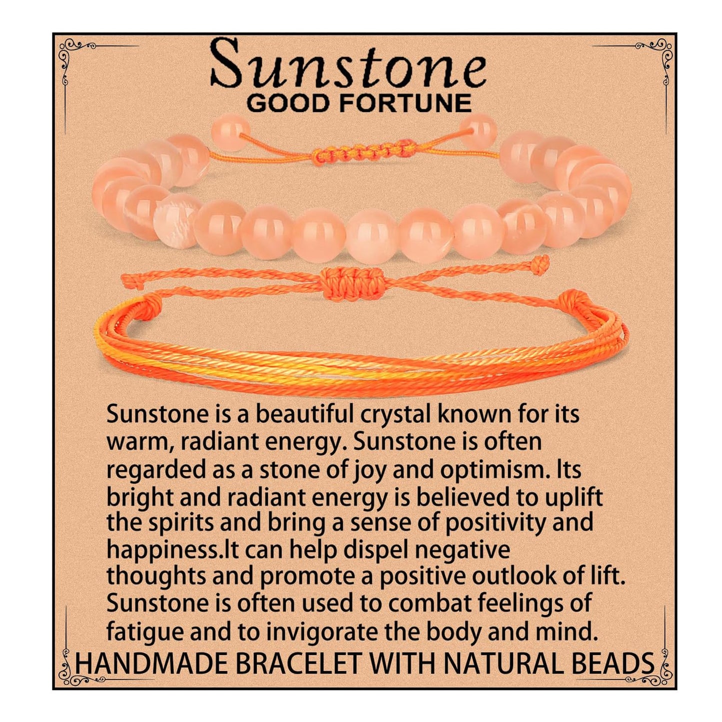 LPBeads 8mm SunStone Bracelet with Handmade Rope Bracelet Size Adjustable Natural Stone Crystal Healing Bracelets Gifts for Unisex Adults
