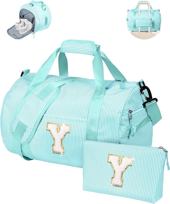 Tween Girl Birthday Gifts, Girl Gym Bag, Kids Initial Overnight Duffel Bags with Shoe Compartment, Personalized Travel Bag with Makeup Pouch, Dance Recital Gifts for Niece (Letter Y)