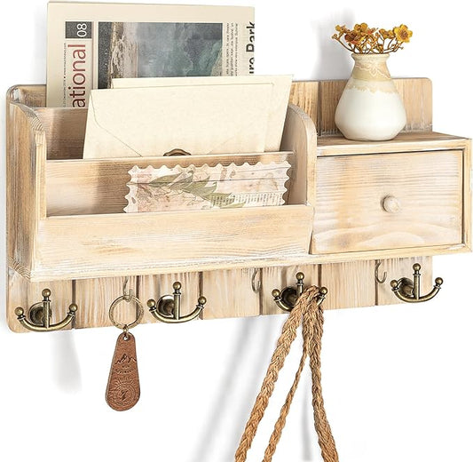 Rebee Vision Pine Wood Key Holder Wall Mount with Mail Sorter - Decorative Entryway Mail Organizer Wall Mounted with Key Hooks and Drawer Organizer - Home Essentials for Room Decor (Natural Wood)