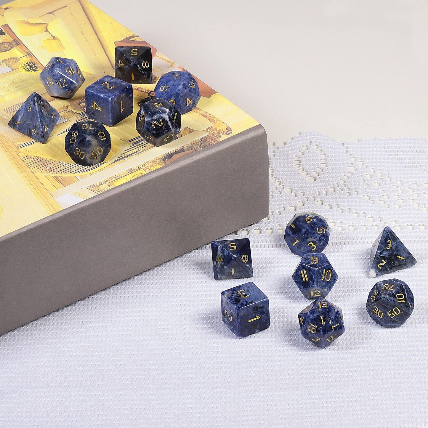 mookaitedecor 7 PCS Sodalite Crystal Polyhedral DND Dice Set, Polished Tumbled Stones Dices for RPG MTG Table Games Home Decoration