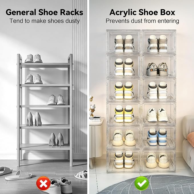 BVBOX 12 Pack Acrylic Shoe Storage Boxes with Magnetic Door - 360° Clear Stackable Shoe Display Box Set, Plastic Shoe Cabinet Rack Box for Sneakers Heels Shoes (12, Clear, L - Front Open)