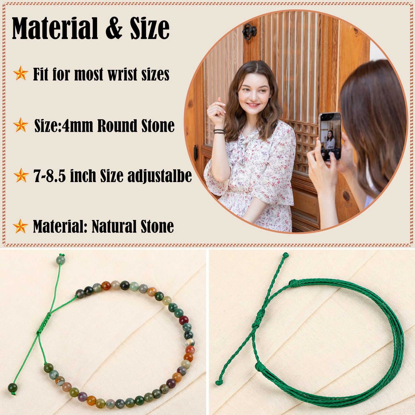 LPBeads 4mm Indian Agate Bracelet with Handmade Rope Bracelet Size Adjustable Natural Stone Crystal Healing Bracelets Gifts for Unisex Adults