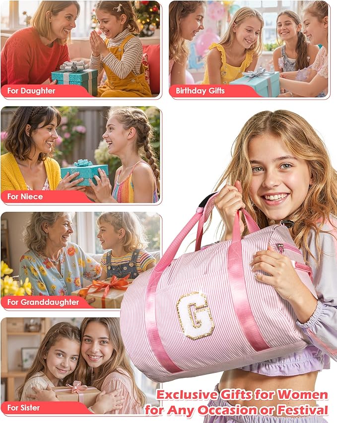Easter Basket Essentials, Girl Gym Bag, Kids Initial Overnight Duffel Bags with Shoe Compartment, Personalized Travel Bag with Makeup Pouch, Teen Girls Gift Trendy Stuff (Letter F)