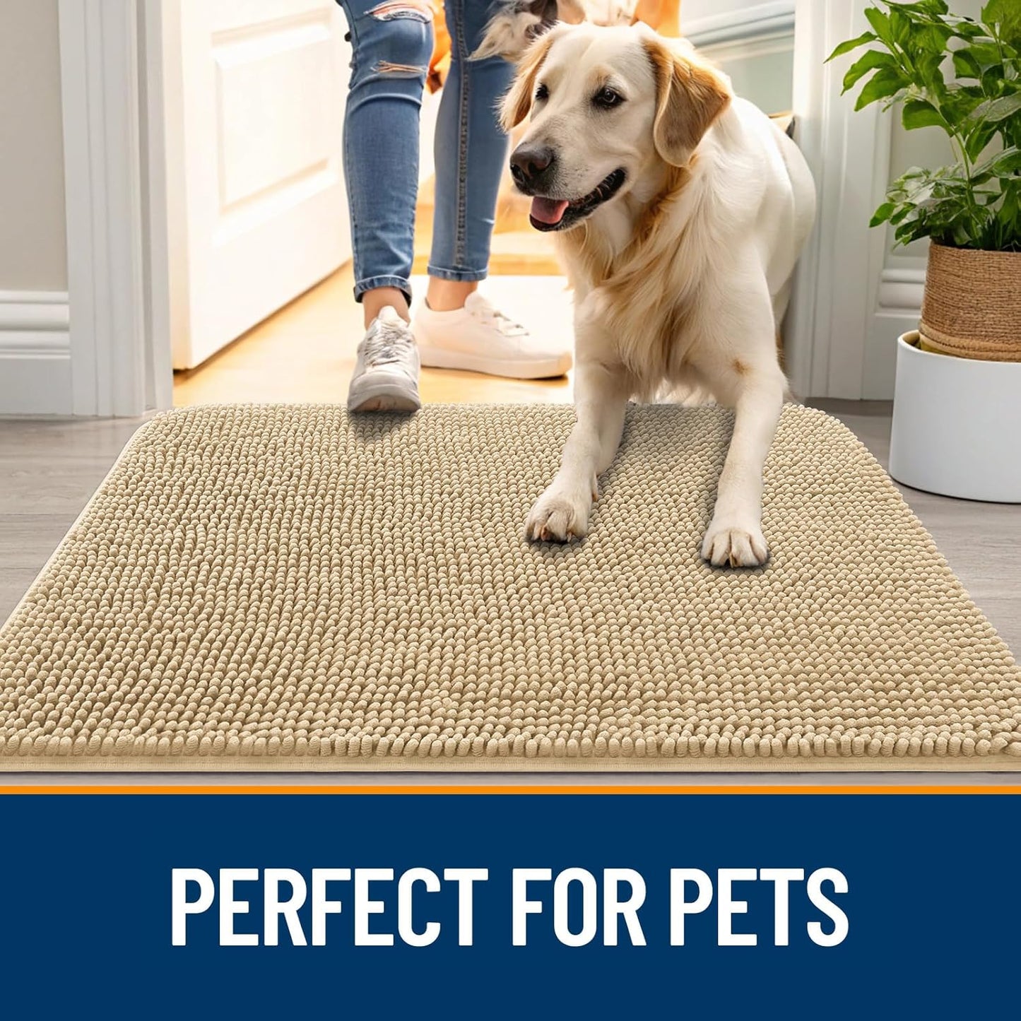 OLANLY Dog Door Mat - Absorbent Non-Slip Chenille Mat for Muddy Paws | 44x32 Beige Quick Dry Doormat