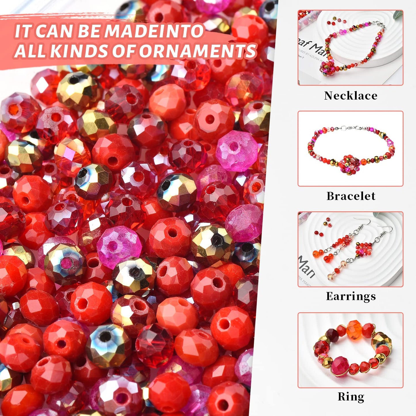 KINGSHINE Briolette Faceted Rondelle Crystal Glass Beads for Jewelry Making-Wholesale Mix Lot 4/6/8mm DIY Crafts Spacer Beads with Container Box (Valentine's Day Gift)