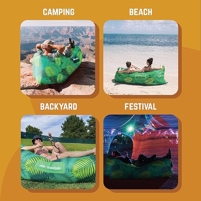 Chillbo Shwaggins Inflatable Couch – No-Pump Setup, Ripstop Polyester, Stability Pegs, Fun Prints, Portable Air Lounger for Beach, Camping, Festivals, and Tailgating - Green Leaf