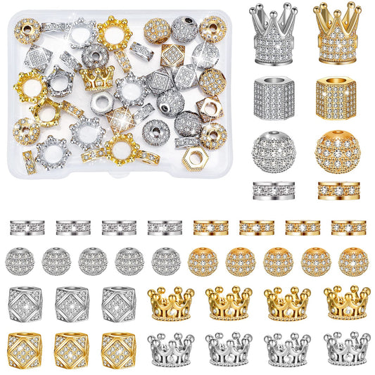 40 Pieces King Crown Charms 8mm Round Rhinestone Beads Hexagon Big Hole Spacer Beads Bracelet Connector for DIY Xmas Jewelry Crafts Making (Multicolor with White Zircon)