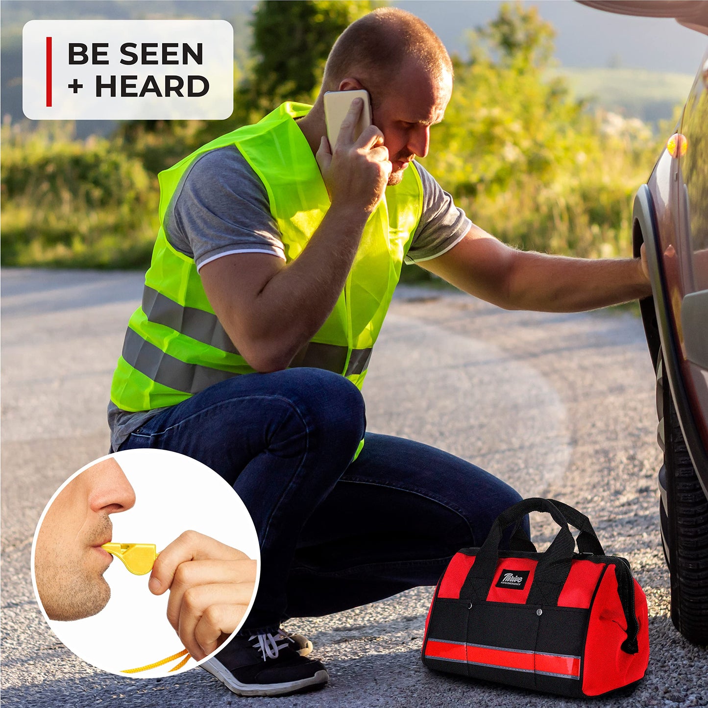 Thrive Car Emergency Kit & Roadside Emergency Car Kit - 104-Piece Set, Red Canvas Bag, Universal Fit - Jumper Cables, Escape Hammer & Tire Gauge - Road Trip Essentials & Emergency Supplies