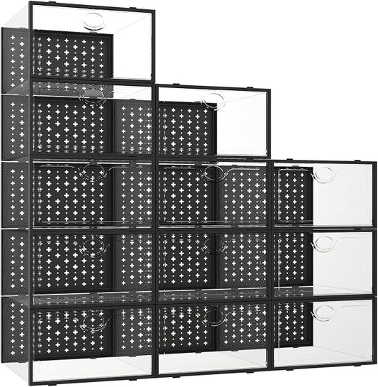 Pinkpum 12 Pcs XLarge Shoe & Sneaker Storage Organizer Box Clear Plastic Stackable Closet Black