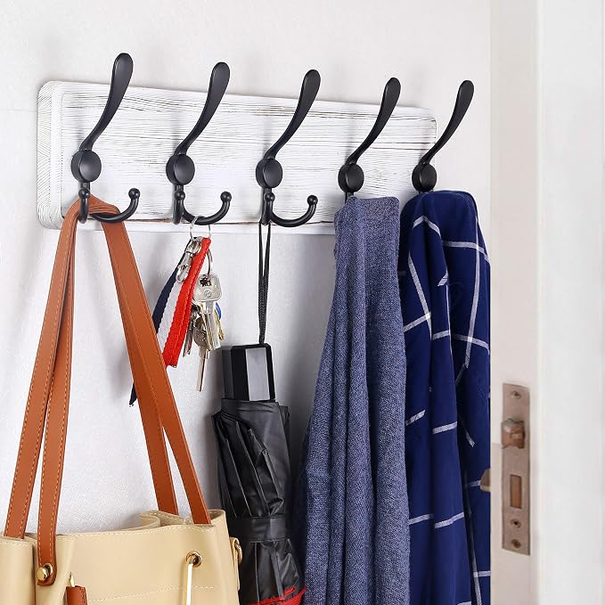 WEBI Coat Rack Wall Mount,Coat Hooks Wall Mounted,16" Hole to Hole,Coat Hanger Wall,Wood Hook Rack Rail,5 Triple Hooks for Hanging Coats,Jacket,Clothes,Farmhouse,Black/White