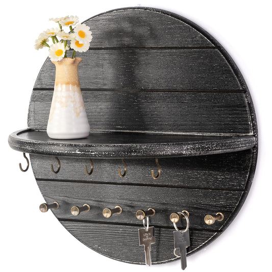 Rebee Vision Pine Wood Key Holder Wall Mount Decorative - Round Wooden Rustic Key Holder for Wall with 11 Hooks and Shelf - Circular Design for Home Decor Aesthetic & Entryway (Old Black)