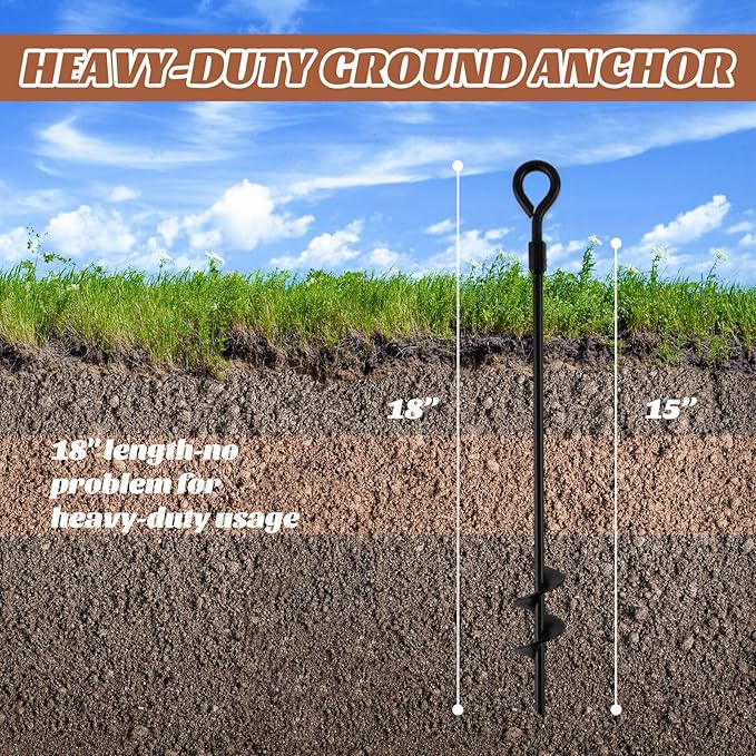 MIXXIDEA18 Inch Ground Anchors Screw in Folding Ring Spiral Metal Ground Stakes Dog Tie Out Stake Spiraling Anchor Trampoline Anchors for Tent (black-8pk)