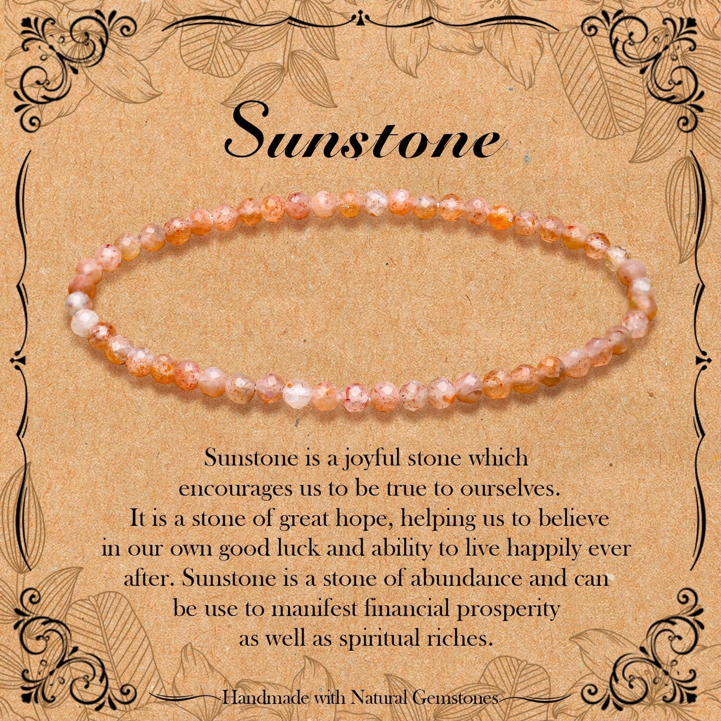 BONNY BOXX Natural Genuine Gemstone Faceted Round Beads Bracelets, 3mm Adjustable Stretchy Tiny Faceted Sunstone Bracelet, Healing Crystal Reiki Chakra Dainty Jewelry Fashion Gifts