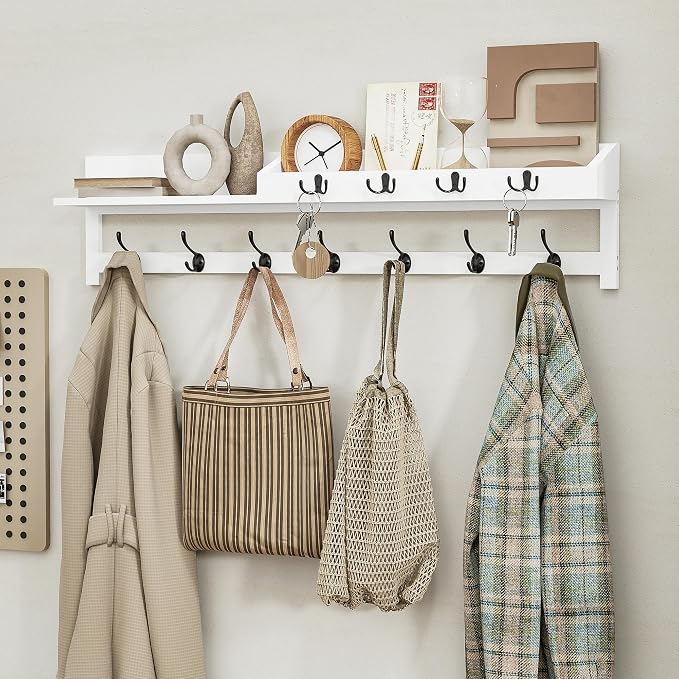 AMBIRD 35 inch Coat Rack Wall Mount, Extra Long Coat Hooks Wall Mount, Entryway Shelf with 7 Dual Coat Hooks 4 Key Hooks Mail Organizer, Wooden Wall Coat Rack with Hooks, Key Holder Rack (White)