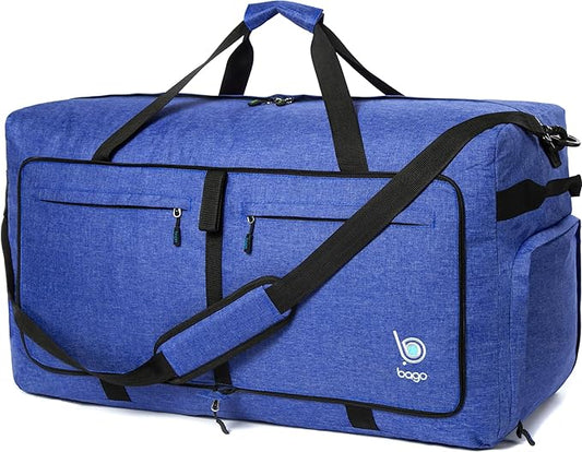 Bago Large Foldable Duffel Bags for Traveling Women & Men - 120L Packable Duffle Bag for Travel with Shoe Compartment - Water Repellant, Heavy Duty, Lightweight Folding & Collapsible (SnowDepBlue)