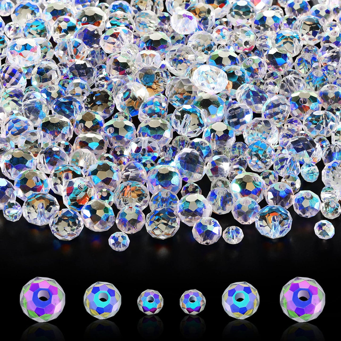 WILLBOND 600 Pcs Crystal Glass Beads for Jewelry Making Bulk Suncatcher Faceted Rondelle Loose Gemstone for Valentine's Day, Irish Holiday, Easter Bracelet DIY Crafts 8mm, 6mm, 4mm(AB Color)