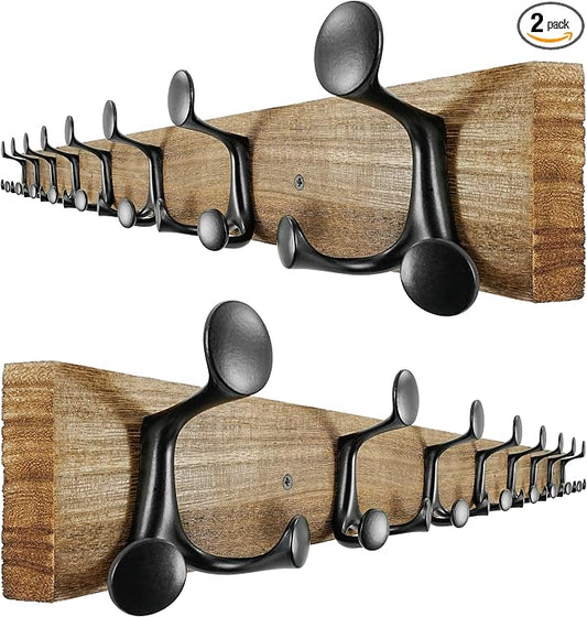 SKOLOO 43-Inch Wood Burnt Coat Rack Wall Mount with 8 Triple Hooks - Ideal for Family Entrances, Classrooms, and Pet Supplies Storage - Perfect Coat Hooks for Wall, Pack of 2