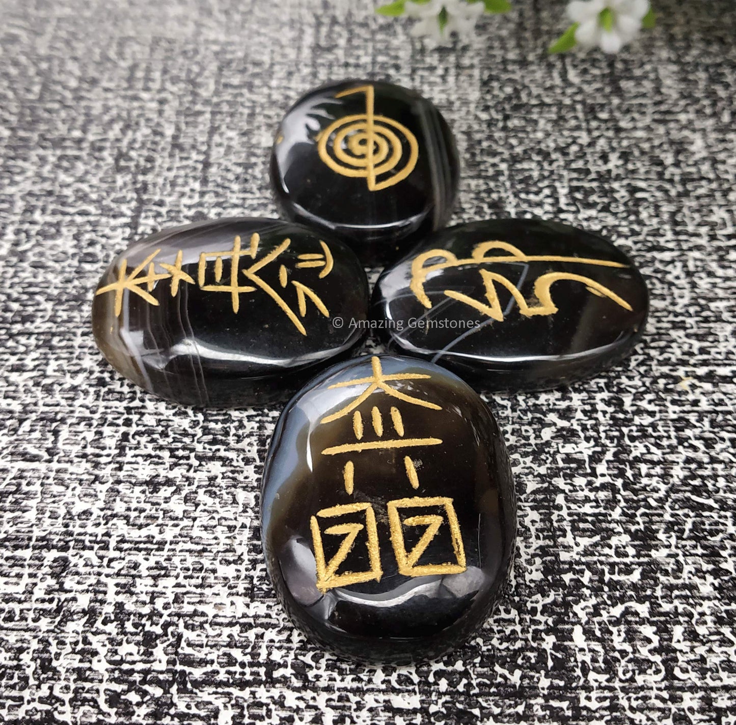 Amazing Gemstone Sulemani Agate Crystal Reiki Stones with Engraved Symbols for Usui Reiki Healing, Set of 4 Pcs (Indian Handmade Reiki Gift Set)