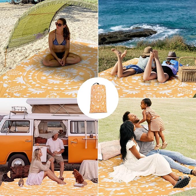 Sandproof Waterproof Beach Blanket, 78''×86'' Large Foldable Picnic Blankets for 1-4 Adults w/ 4 Stakes & 4 Pockets, Polyester Lightweight Sand Free Boho Outdoor Beach Mat for Camping, Hiking, Travel