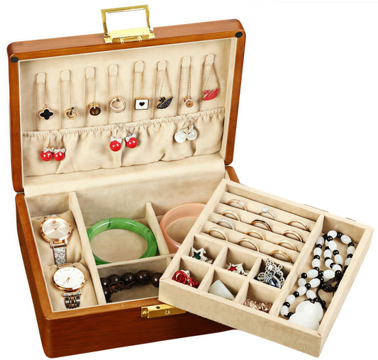 LIBOLXSP Solid Walnut Wood Jewelry Organizer Box with Lock, 2-Layer Vintage Jewelry Box for Men Women, Velvet-Lined Storage for Earrings Rings Necklaces Bracelets Watches Perfect Father Day Gift Khaki