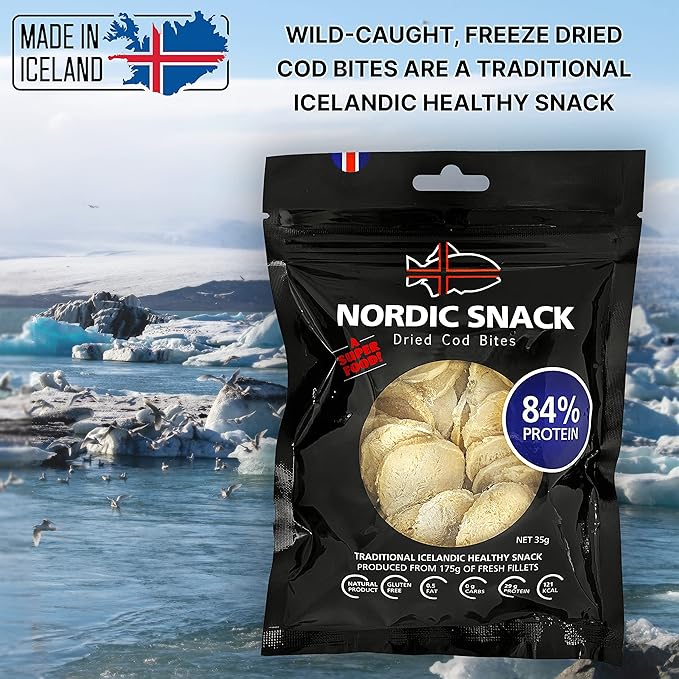Nordic Catch Freeze Dried Cod Bites Seafood Snacks - Chips made from Wild Caught Icelandic Cod Fish - Healthy Snack, Rich in Omega 3 Fatty Acids, Protein Packed Fish Jerky for Humans, Keto Friendly Dry Fish - 35g Resealable Bag - 3 Pack